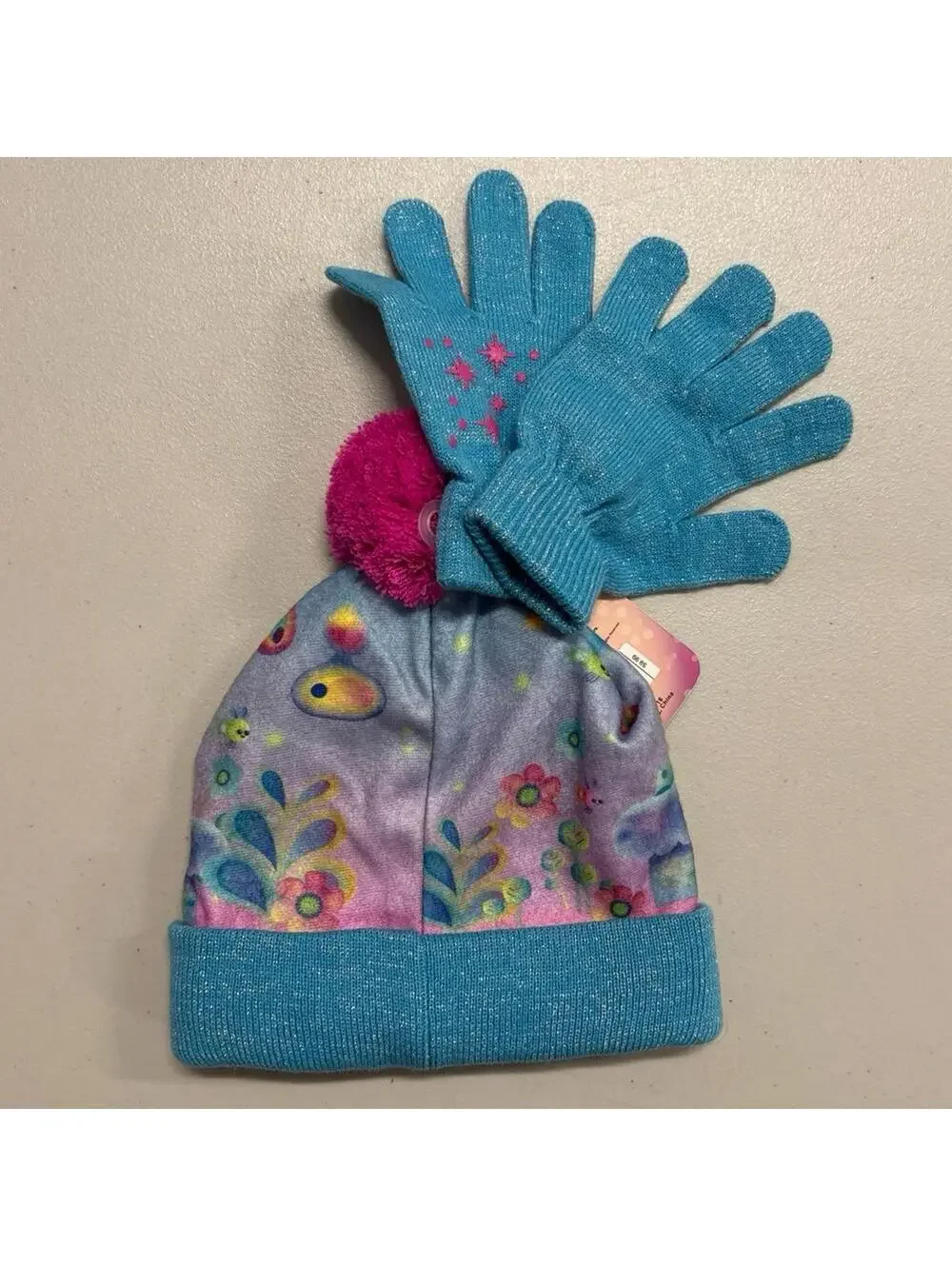 NWT Trolls Poppy Girls winter hat beanie and gloves OSFM